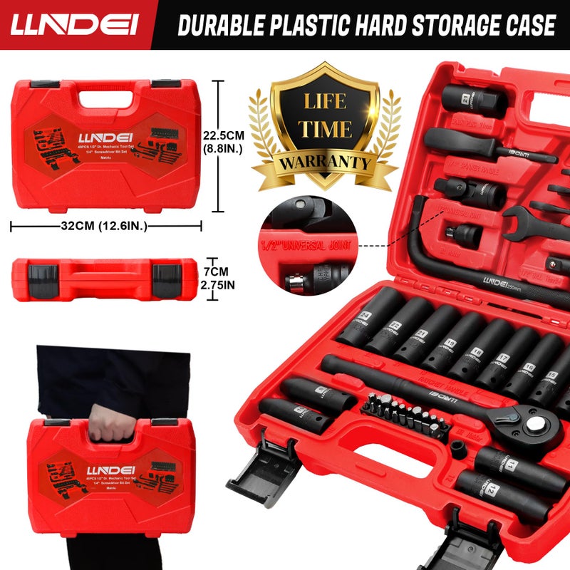 LLNDEI 1/2-Inch Drive Ratchet Impact Socket Wrench Set Deep Sockets(8-24mm) Spark Plug Socket(16 21mm) 49PCS  CR-V  Metric Combination Wrenches (8-17mm) 72T Ratchet Handle for Mechanics - Image 4